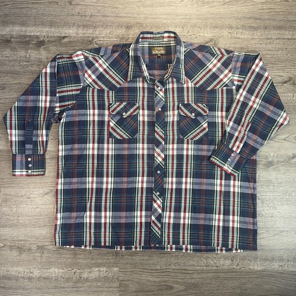 Outlaw Western Wear Navy Green White Plaid L/S Pearl Snap Button Rodeo Shirt 3XL